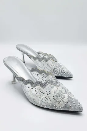 Elia Flower & Diamante Pointed Slip On Mules in Silver